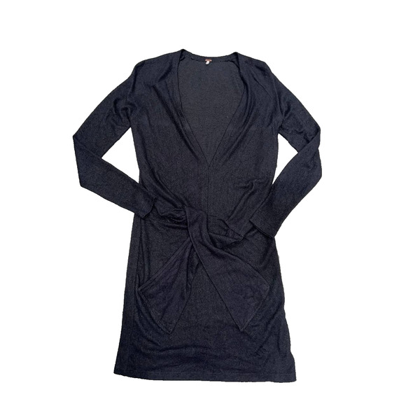 Free People Long sleeve Woven Deep V Neck Tie Black Dress Medium A003222 - Picture 3 of 8